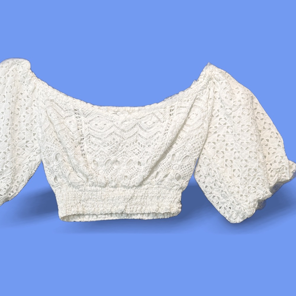 Temptation Positano Off Shoulder Crop Top White Cotton Lace Smocked Made Italy S